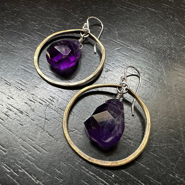 Amethyst Earrings in Small Brass Hoops