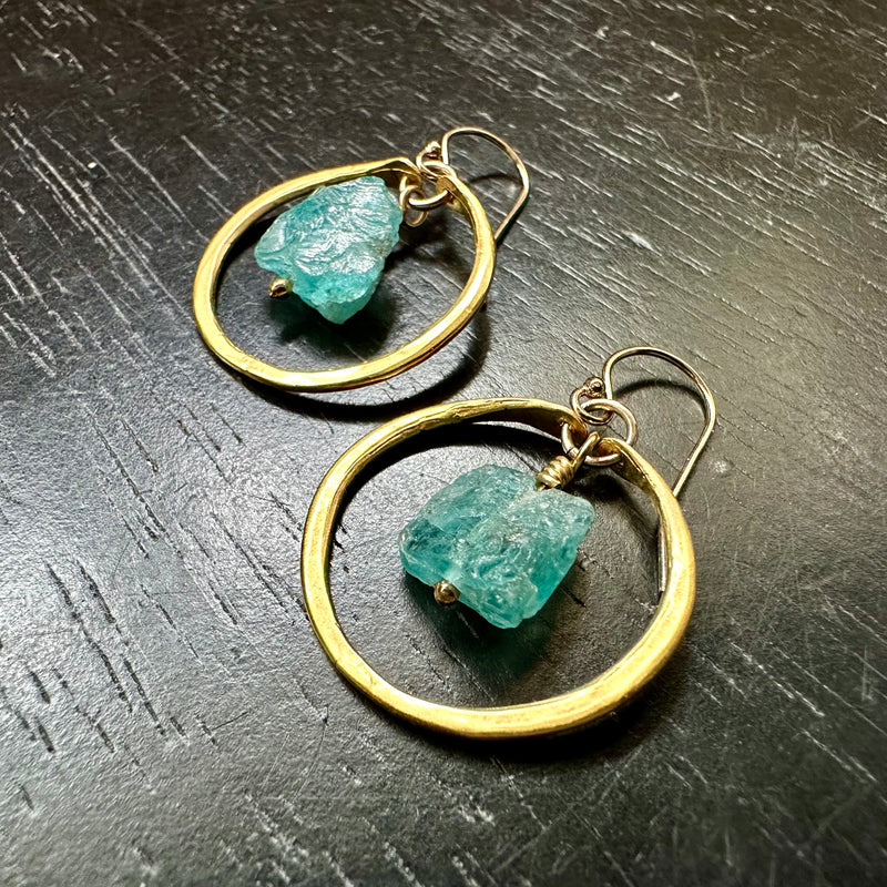 Raw Apatite Earrings in Tiny Gold Hoops, OOAK #1