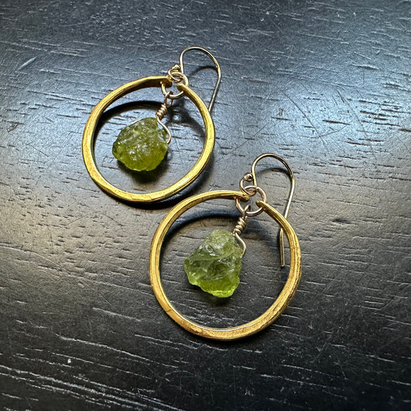 Tiny Gold Hoops with Raw Peridot