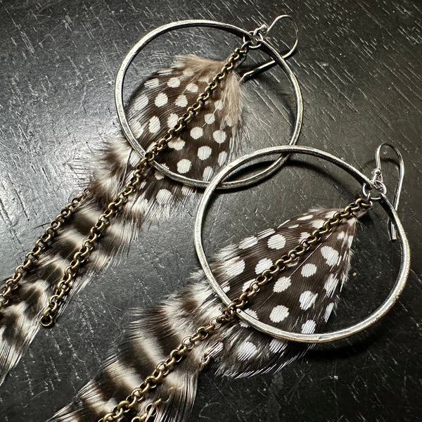 FEATHER EARRINGS- Medium Silver Hoops, Fluffy Striped Base, Polka Dot accent feathers and chains