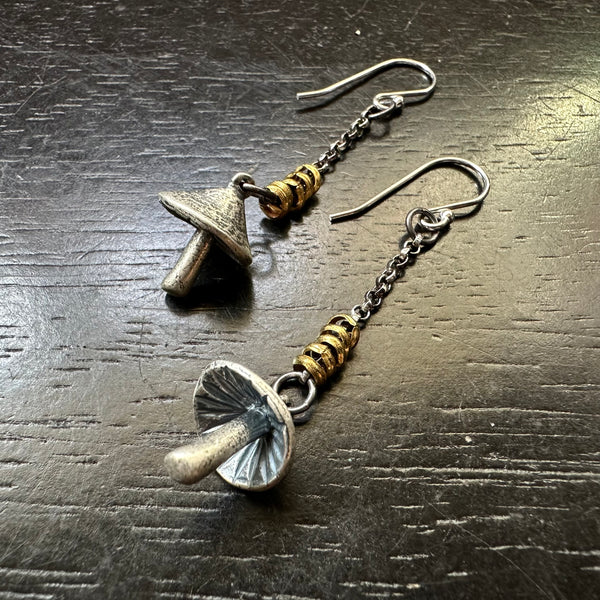 Tiny Sculpted Mushroom Earrings with Heishi Beads in Sterling
