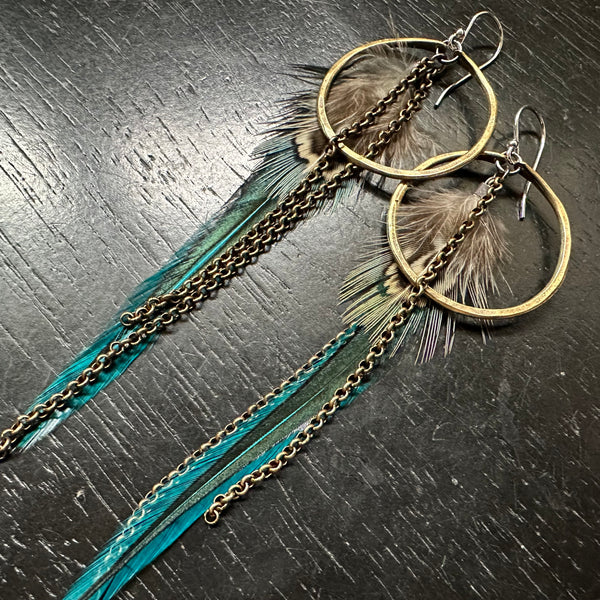 FEATHER EARRINGS- Small Brass Hoops, Teal Base, Fluffy Teal/Brown/Cream accent feathers and chains