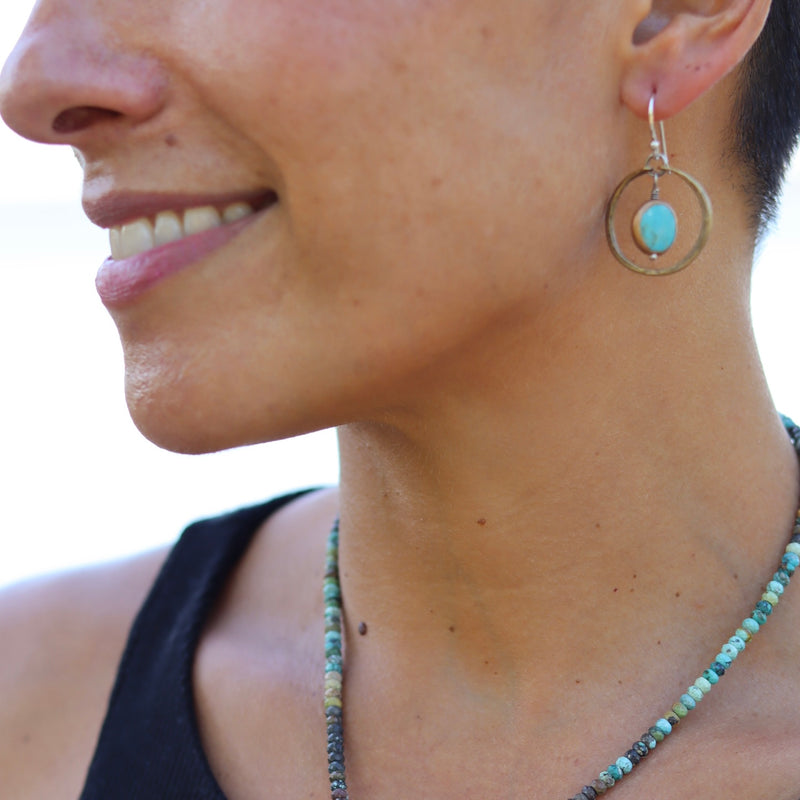Turquoise Copper-Edged Stones in Tiny Brass Hoops