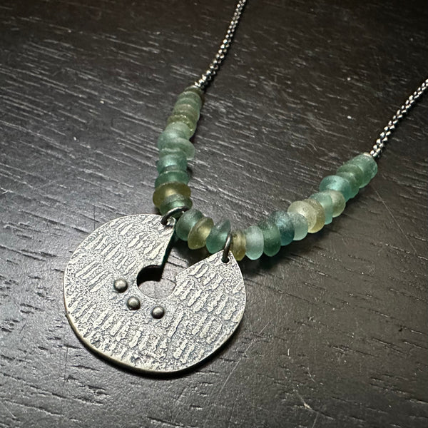 ORIJEN'S: Silver Reversible 3 Dot Keyhole Disc Necklace with Roman Glass