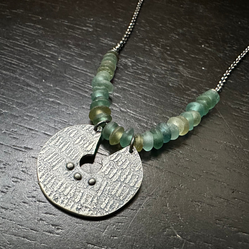 ORIJEN'S: Silver Reversible 3 Dot Keyhole Disc Necklace with Roman Glass