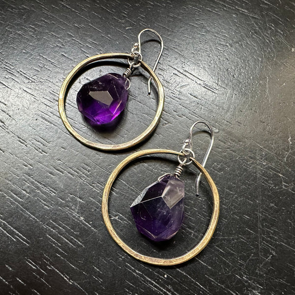 Amethyst Earrings in Small Brass Hoops