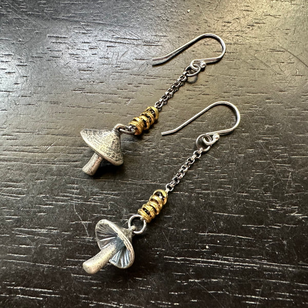 Tiny Sculpted Mushroom Earrings with Heishi Beads in Sterling