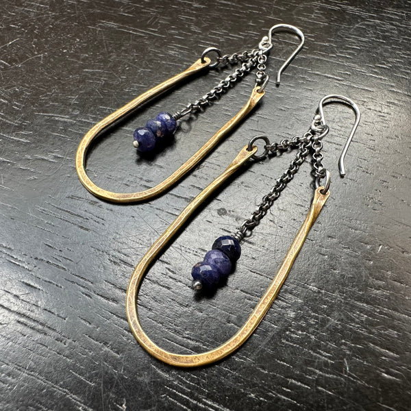 SMALL HESTIA EARRINGS: BRASS with Faceted SAPPHIRES (SEPTEMBER BIRTHSTONE)