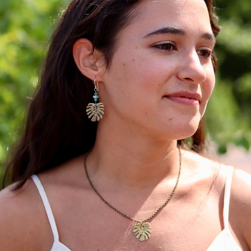 Brass Monstera Leaf Earrings with Turquoise and Moonstone