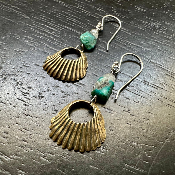 Brass Seashell Earrings with Turquoise and Moonstone