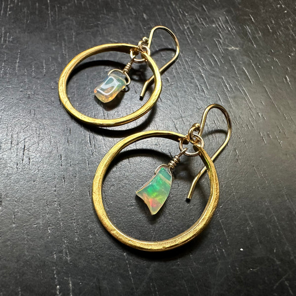 Tiny Gold Hoops with Raw Opals OOAK #2