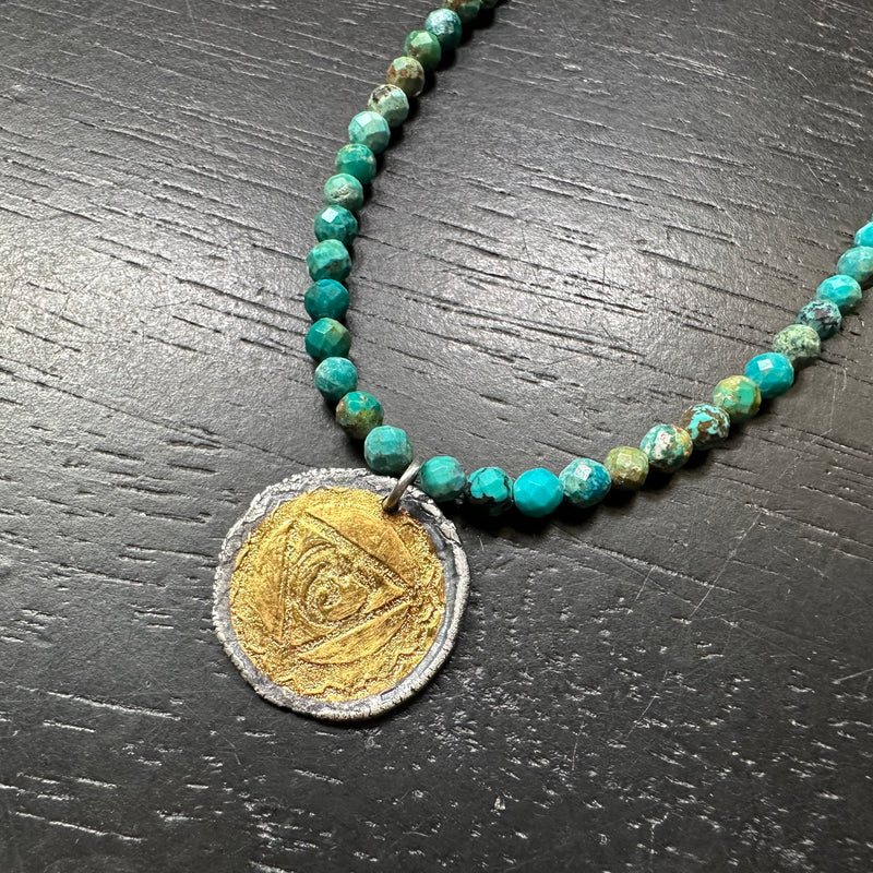 Chakra Kahn: GOLD + SILVER THROAT Pendant on Full Strand of Turquoise