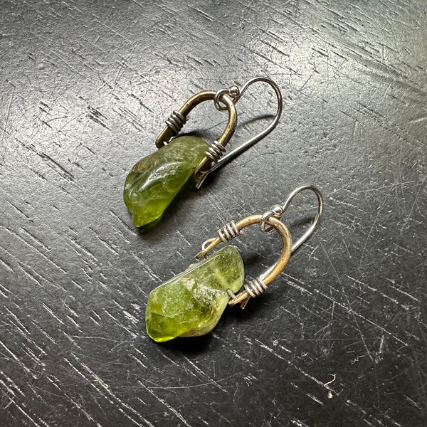 Tiny Brass Taliswoman Earrings with Smooth Peridots