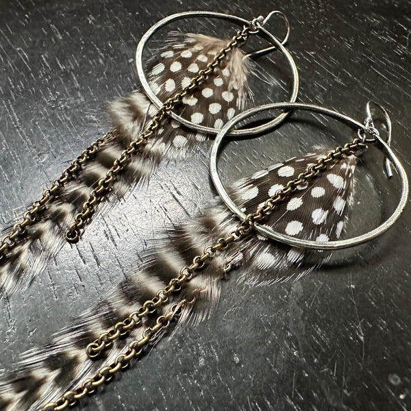 FEATHER EARRINGS- Medium Silver Hoops, Fluffy Striped Base, Polka Dot accent feathers and chains