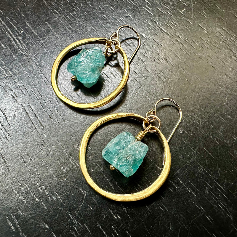 Raw Apatite Earrings in Tiny Gold Hoops, OOAK #1