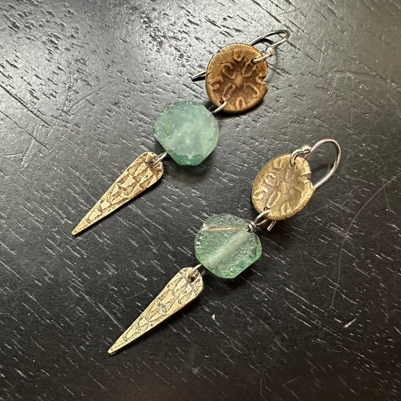 Brass Sand Dollar and Spear Earrings with Roman Glass