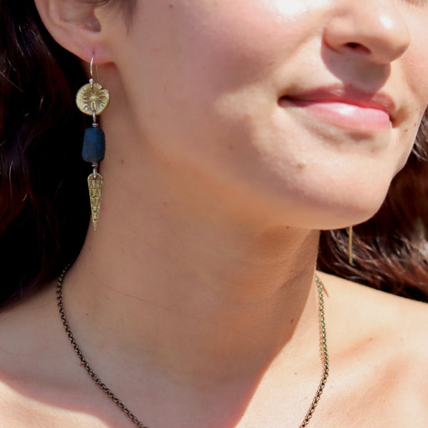 Brass Sand Dollar and Spear Earrings with Roman Glass