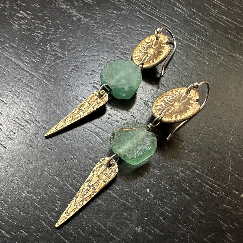 Brass Sand Dollar and Spear Earrings with Roman Glass