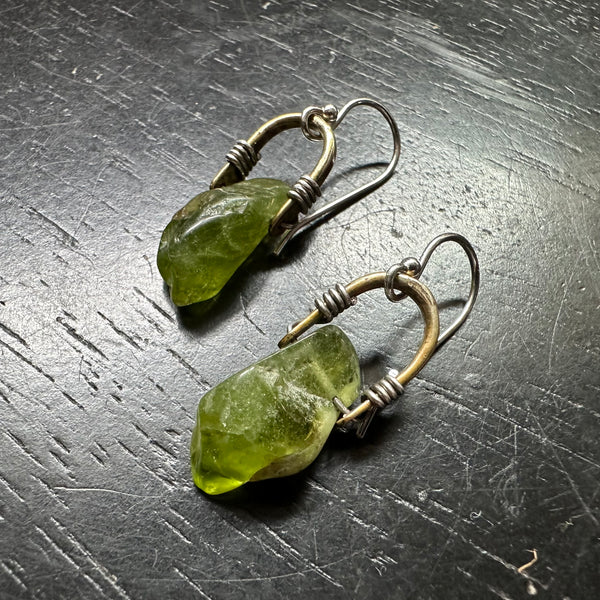 Tiny Brass Taliswoman Earrings with Smooth Peridots