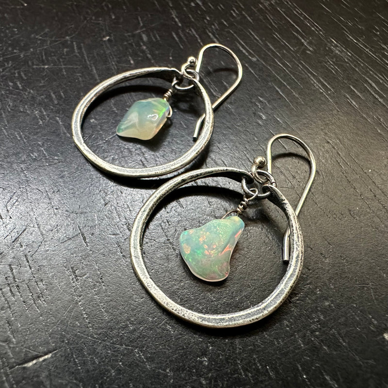 TINY SILVER HOOPS with OPALS (OCTOBER BIRTHSTONE)