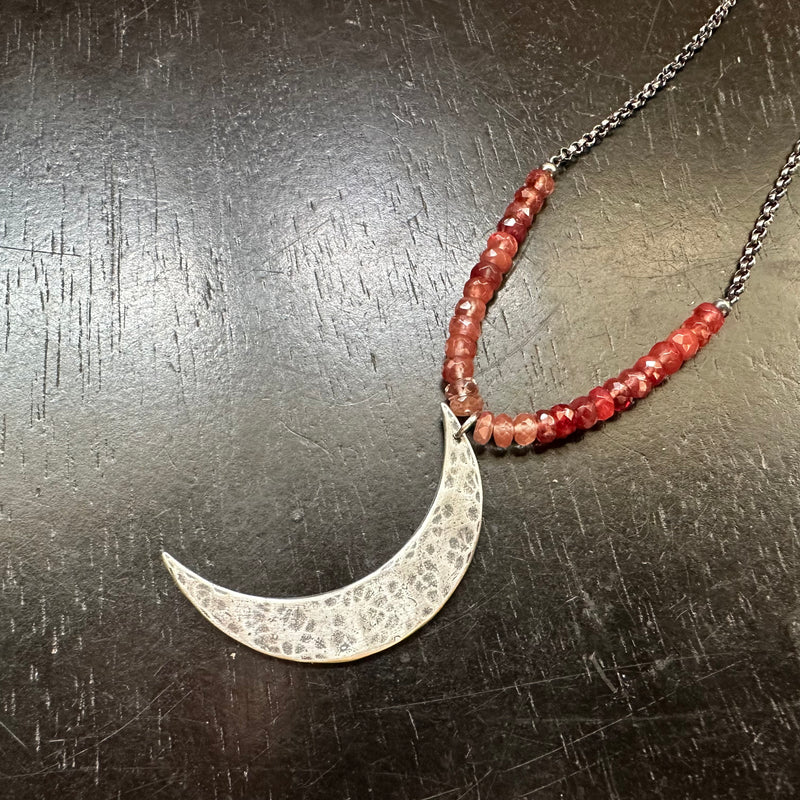 XL Silver Crescent Moon Necklace with Andesine