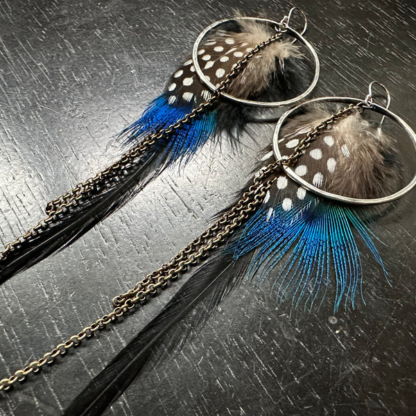 FEATHER EARRINGS- Medium Silver Hoops, Fluffy Black Base, Polka Dot and Blue accent feathers and chains