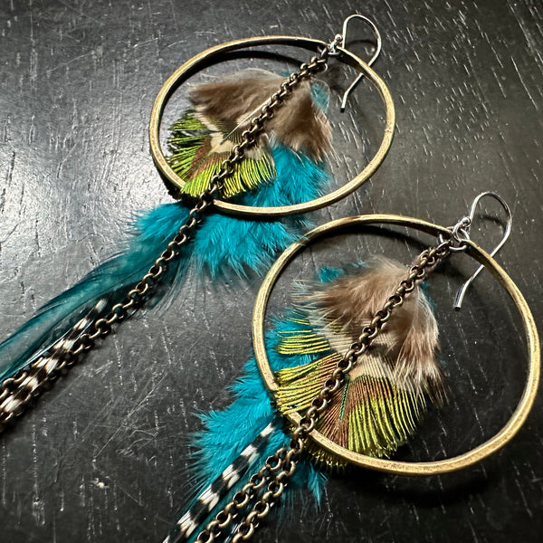 FEATHER EARRINGS- Medium Brass Hoops, Thin Teal Base, Striped/Iridescent accent feathers and chains