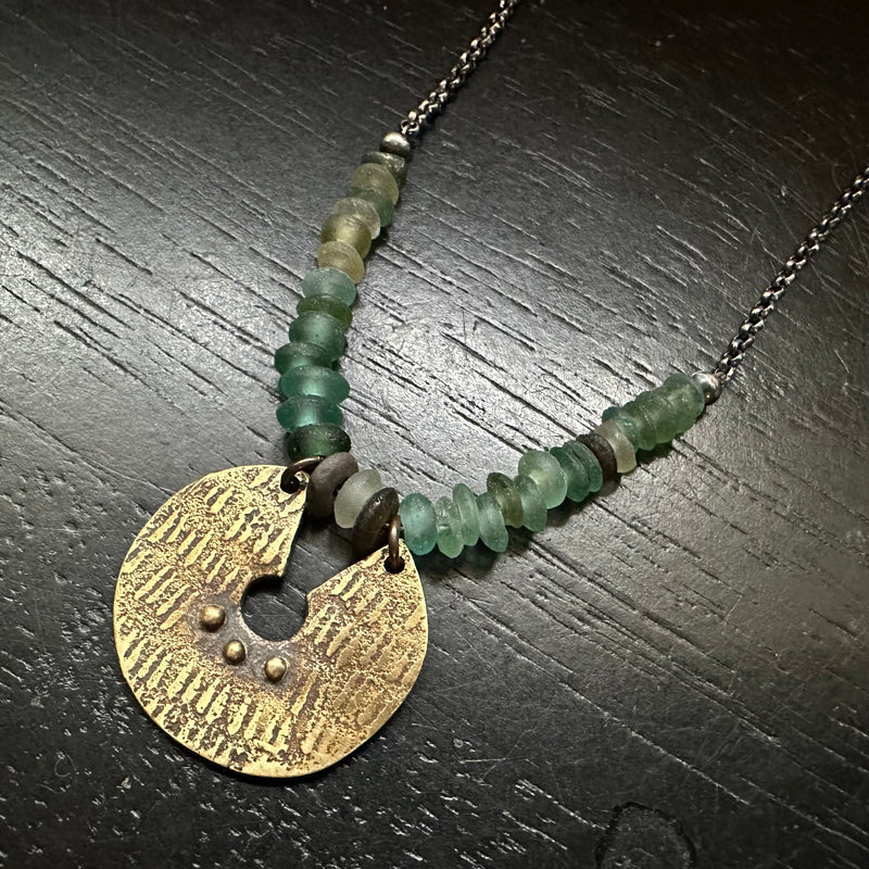 ORIJEN'S: Brass Reversible Textured Disc Necklace with Roman Glass