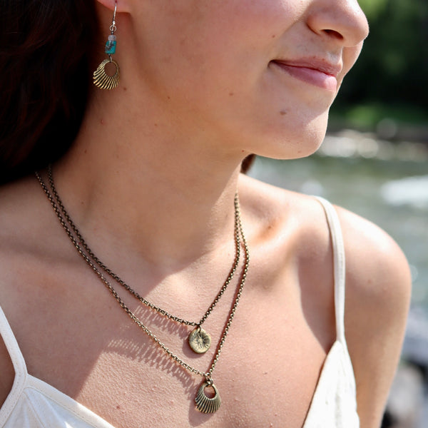 Brass Seashell Earrings with Turquoise and Moonstone