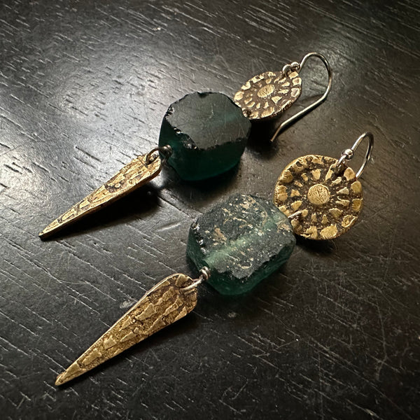 Roman Glass Floral Brass and Spear Earrings