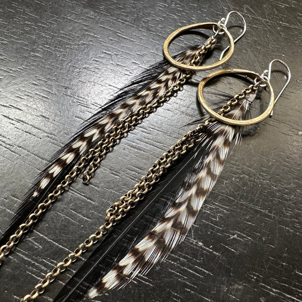 #12 FEATHER EARRINGS TINY Brass Hoops Black Base, Black+White striped Accent Feathers #12