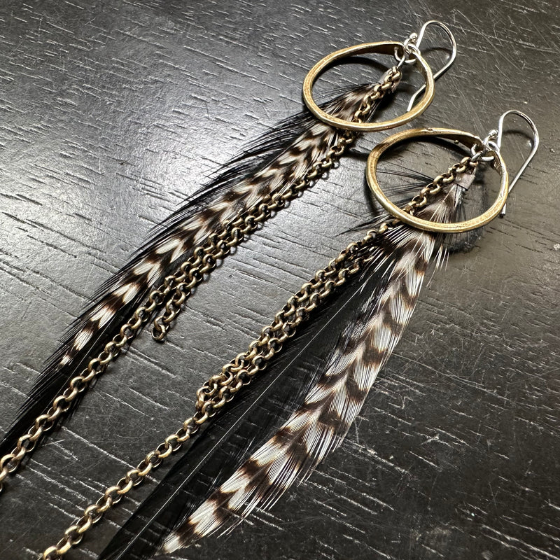 #12 FEATHER EARRINGS TINY Brass Hoops Black Base, Black+White striped Accent Feathers #12