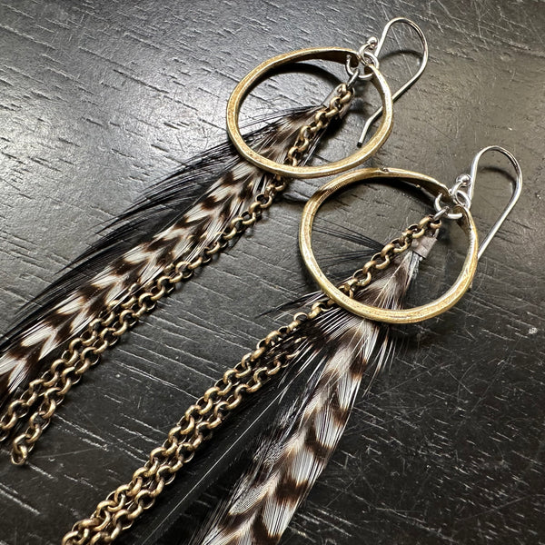 #12 FEATHER EARRINGS TINY Brass Hoops Black Base, Black+White striped Accent Feathers #12