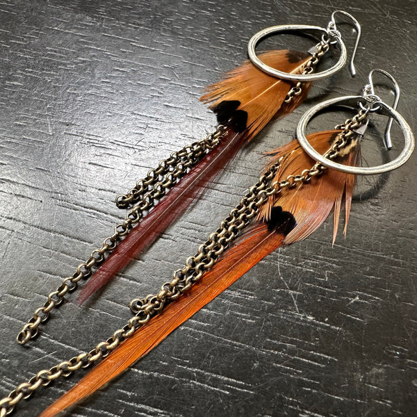 #11 FEATHER EARRINGS TINY Brass Hoops Rust Base, Black+Rust Accent Feathers #11