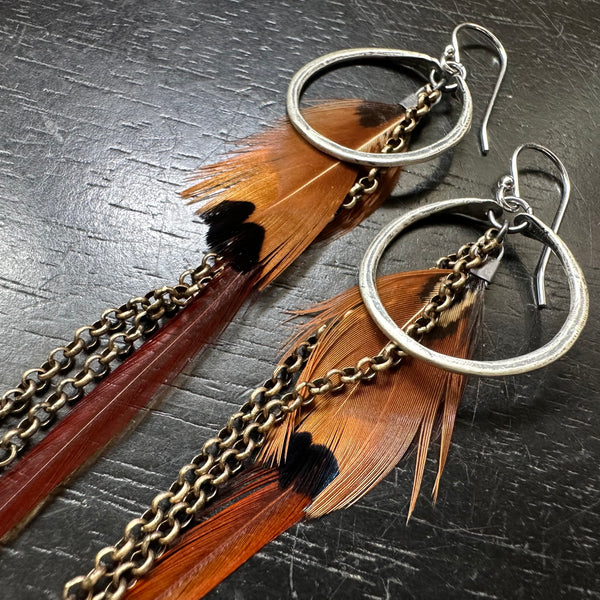 #11 FEATHER EARRINGS TINY Brass Hoops Rust Base, Black+Rust Accent Feathers #11