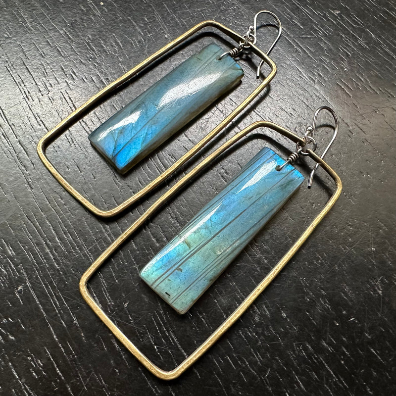 Labradorite Rectangles in Large Brass Contoured Hoops #1