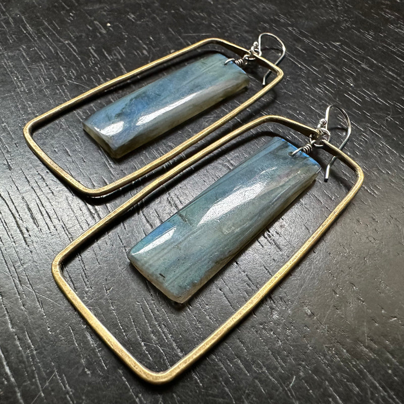 Labradorite Rectangles in Large Brass Contoured Hoops #1