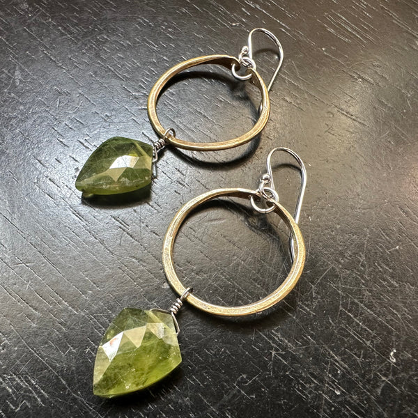 NEW! Faceted SHIELD-SHAPED PROTECTIVE PERIDOTS in Tiny Brass Hoops- Only 2 pairs available!