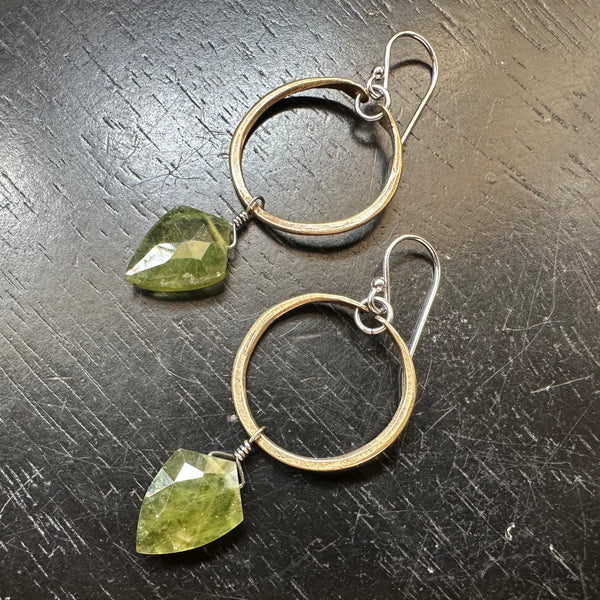 NEW! Faceted SHIELD-SHAPED PROTECTIVE PERIDOTS in Tiny Brass Hoops- Only 2 pairs available!