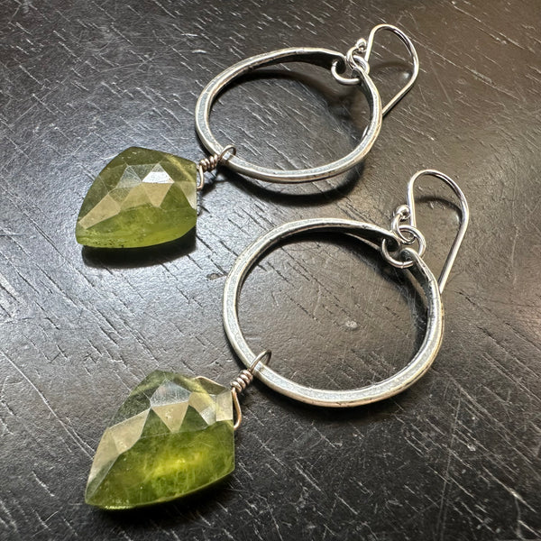 NEW! Faceted SHIELD-SHAPED PROTECTIVE PERIDOTS in Tiny Silver Hoops- Only 2 pairs available!