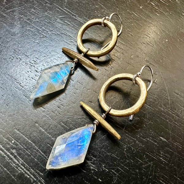 NEW! Moonstone Faceted Rhombus-cut/Kite-shaped Brass Totem Earrings