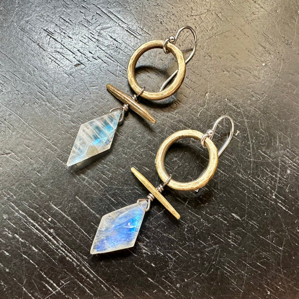 NEW! Moonstone Faceted Rhombus-cut/Kite-shaped Brass Totem Earrings