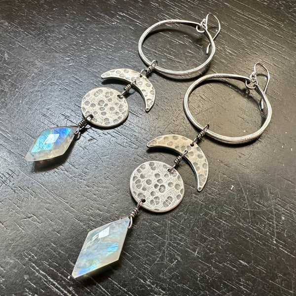 NEW! Moonstone Faceted Rhombus/Kite-Cut Small Silver Hoop Moon Totem Earrings