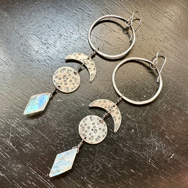 NEW! Moonstone Faceted Rhombus/Kite-Cut Small Silver Hoop Moon Totem Earrings