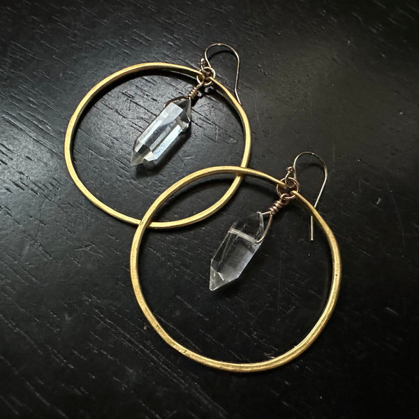 Medium Gold Hoops with Double-Point, Faceted Quartz Crystals, GOLD VERMEIL