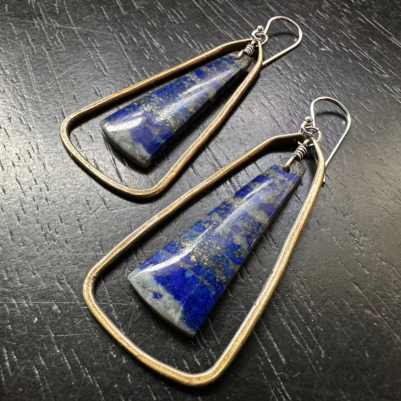 #2 Beautiful Bookmatched Trapezoidal Lapis in Medium Hoops OOAK! #2