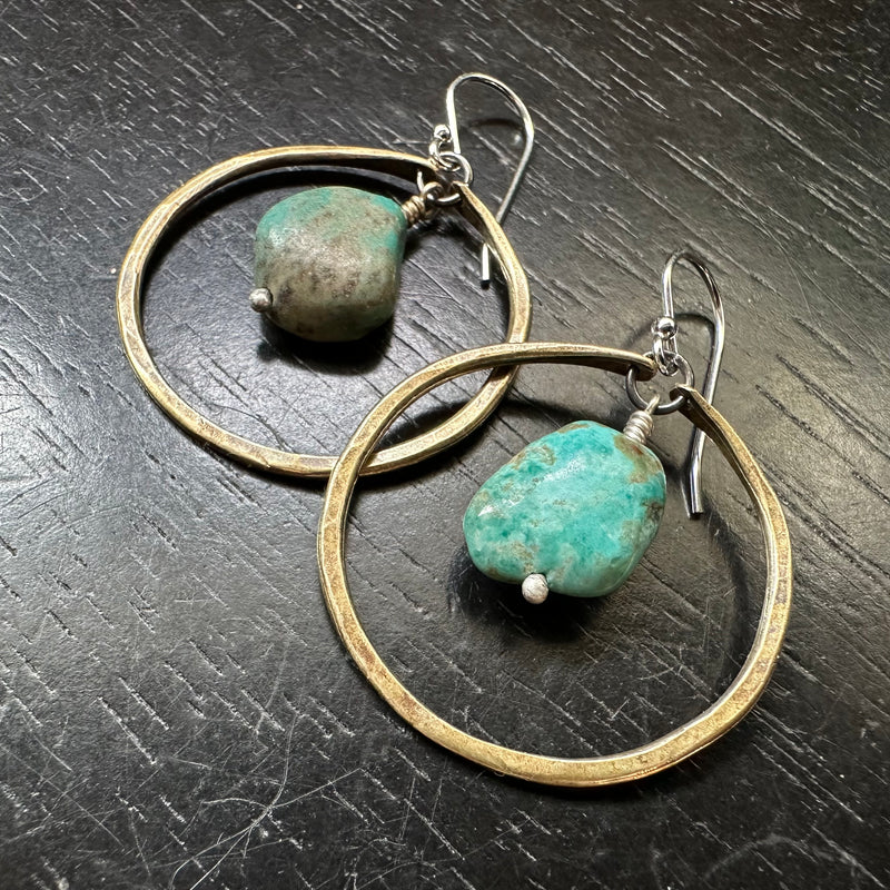 SMALL BRASS HOOPS with Colorful RAW TURQUOISE (DECEMBER BIRTHSTONE) OOAK#1