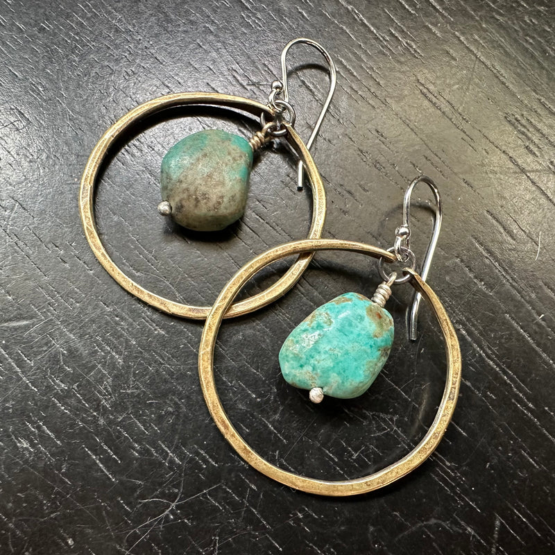SMALL BRASS HOOPS with Colorful RAW TURQUOISE (DECEMBER BIRTHSTONE) OOAK#1