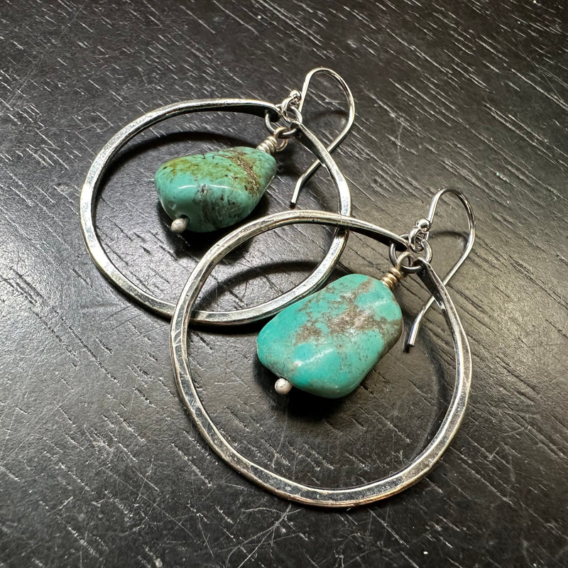 SMALL SILVER HOOPS with Colorful RAW TURQUOISE (DECEMBER BIRTHSTONE) OOAK#1