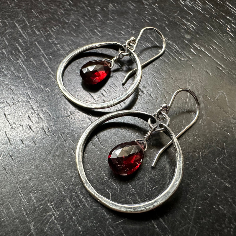 TINY SILVER HOOPS with GARNETS (JANUARY BIRTHSTONE)!